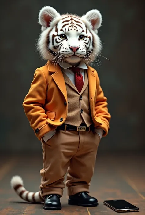 A very cute baby white tiger、Standing like a human, wearing casual yet sophisticated clothing。Own color jacket、Vest in your own color、Own colored slacks、Has a stylish belt。Red tie、She looks very stylish in her black leather shoes.、On the right、I have a mob...