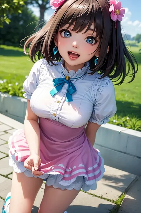 A beautiful girl dancing happily in a flower garden, anime girl, (20 year old girl), Kinomoto Sakura, pink blouse with a high neck with ruffles, sleeveless, white mini skirt with ruffles, her skirt is lifted, turquoise lace panties, her panties are visible...