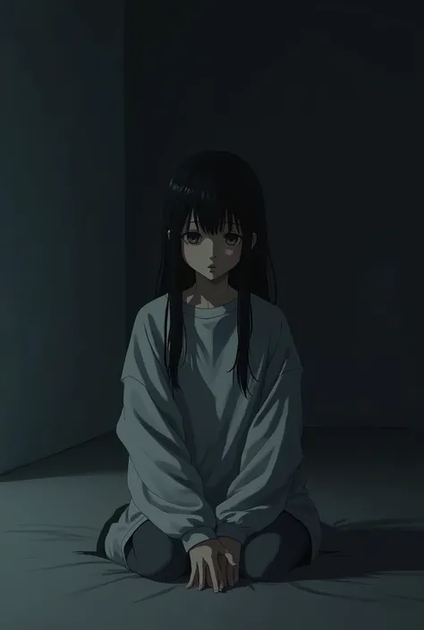 Depressed girl, black hair, , sweatshirt, in a dark room, is sad, anime girl 