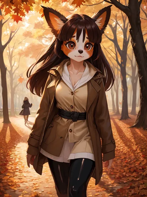 A female Papillon dog , walking in an autumn park covered with fallen leaves
, ( soft focus , Shallow focus , soft light) , Mature , Euphoria , glossy lips , moist eyes , coquettish , bold action , flasher , Insane , fabulous , sensational , funny face , d...