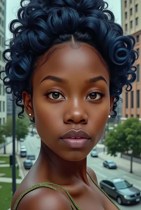 destini in a (Maximum quality, 16K, work of art: 1.3)), young black woman, Portrait of a dark-skinned adult woman(afroamerican:1.2 , 20 years old) with dark blue curls and a white shirt, urban girl fanart, solo portrait 🎨🖌️, unknown artstyle, detailed port...