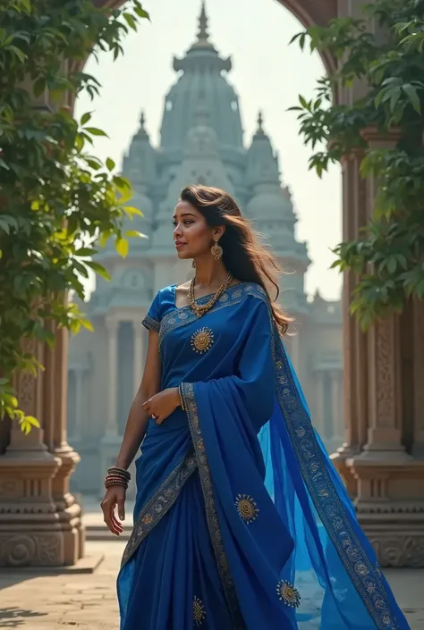 Wearing Royal blue saree background temple tree 