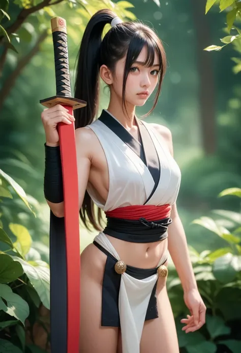 masterpiece,high resolution,best quality,8k
(samurai,eighteen-year-old girl,slender)
(black hair,ponytail,black eyes)
(loincloth...