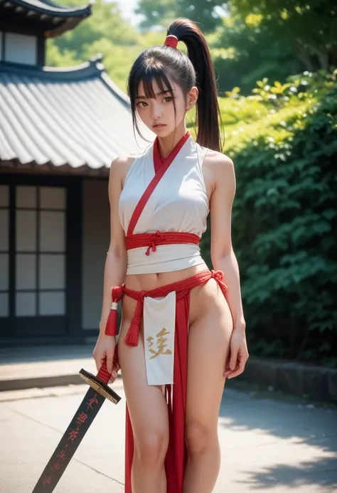 masterpiece,high resolution,best quality,8k
(samurai,eighteen-year-old girl,slender)
(black hair,ponytail,black eyes)
(loincloth...