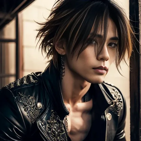 1 man, male, Japanese man, Visual Kai hairstyle, ultra detailed face and body, hyperrealistic, realistic representation, muscular, broad shoulders, tattoos gothic style, piercings, Visual Kei style, hairstyle Visual Kei, blond, long hair, 40 years old, out...