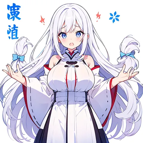 (Pure white background)、hot spring、Large Breasts、Mouth wide open、tachi-e、Standing still、Hands behind back、Long white hair