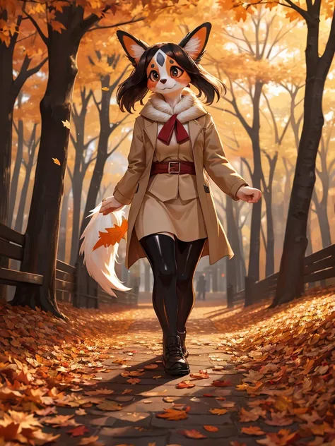 A female Papillon dog , walking in an autumn park covered with fallen leaves
, ( soft focus , Shallow focus , soft light) , Mature , Euphoria , glossy lips , moist eyes , coquettish , bold action , flasher , Insane , fabulous , sensational , funny face , d...