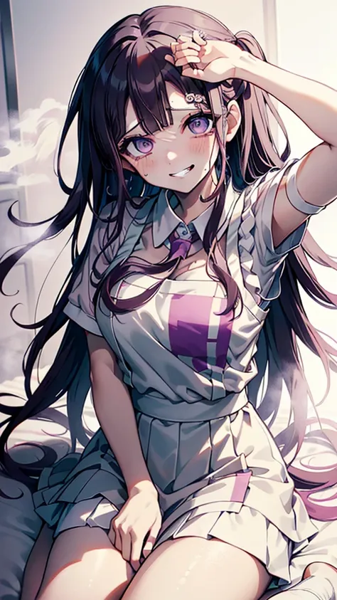 ((mikan tsumiki)),long hair,purple hair,(purple eyes:1.1),bangs, blunt bangs,patsun,((in danganronpa styles:1.4)), shy break (ap...