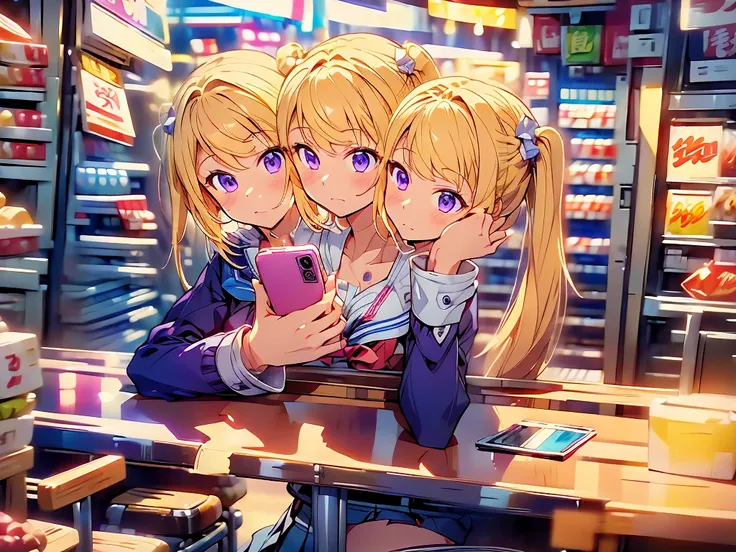 (masterpiece, best quality), best resolution, 16k, close-up, three heads, A girl sitting at a table, looking at smartphone, clean manga outlines, thick and thin lines, perfect line thickness, exposed anime style, blonde hair, purple eyes, white school unif...