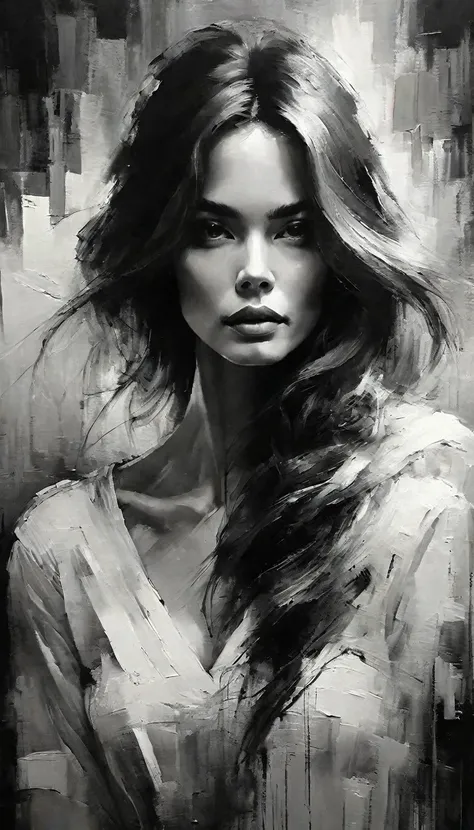 masterpiece, best composition, best quality, perfect as wallpaper for your phone, black and white portrait of a woman with long ...