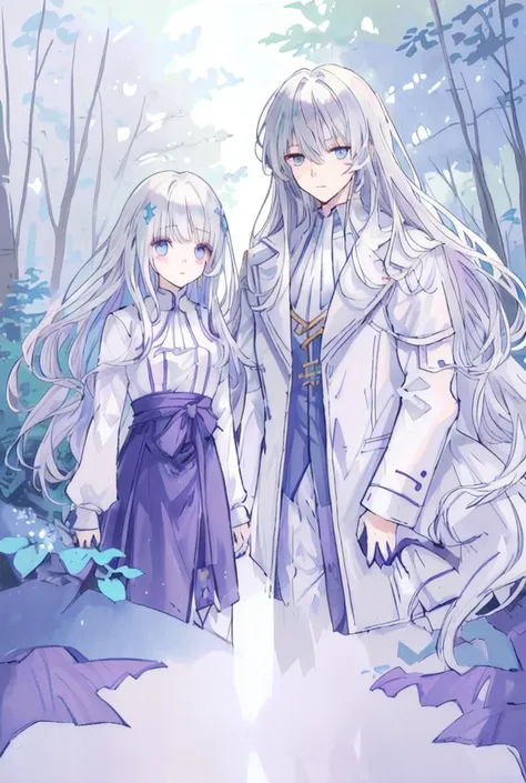 anime, face, Gray Hair, blue eyess, Heterochromia,Purple eyes,blue eyes., Long Hair, White background,High resolution, high detail, In the woods, White Cape ,Illustration of men and women,Couple illustration,Pair illustration,Height difference,Same colorin...