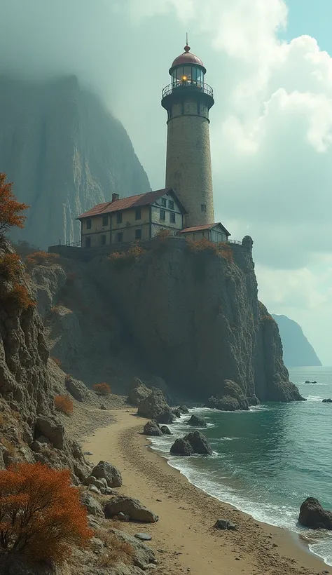 post-apocalyptic world, destroyed land, wilderness on the coast, the surviving building is a lonely lighthouse on a rocky cliff, gives shelter to lonely wanderers, the dried up sea that used to be here, 