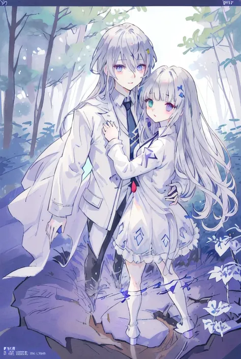 anime, face, Gray Hair, blue eyess, Heterochromia,Purple eyes,blue eyes., Long Hair, White background,High resolution, high detail, In the woods, White Cape ,Illustration of men and women,Couple illustration,Pair illustration,Height difference,Same colorin...