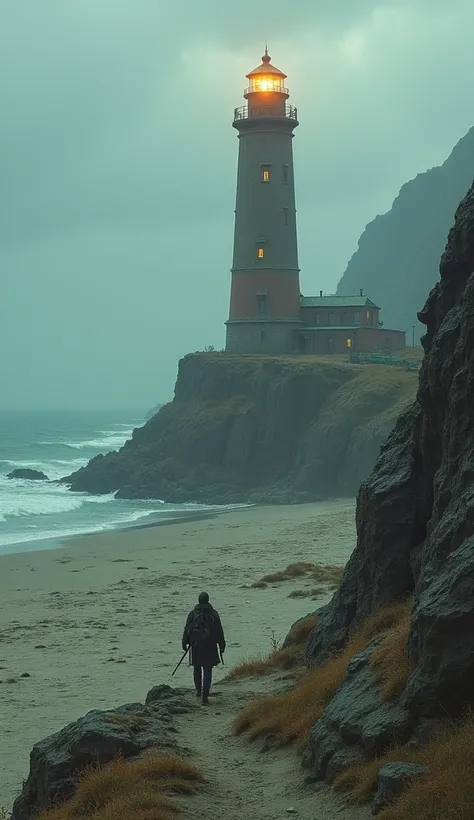 post-apocalyptic world, destroyed land, no sea, the dried sea, post-apocaliptic wastelands, wilderness on the coast, lonely lighthouse on a rocky cliff, gives shelter to lonely wanderers,