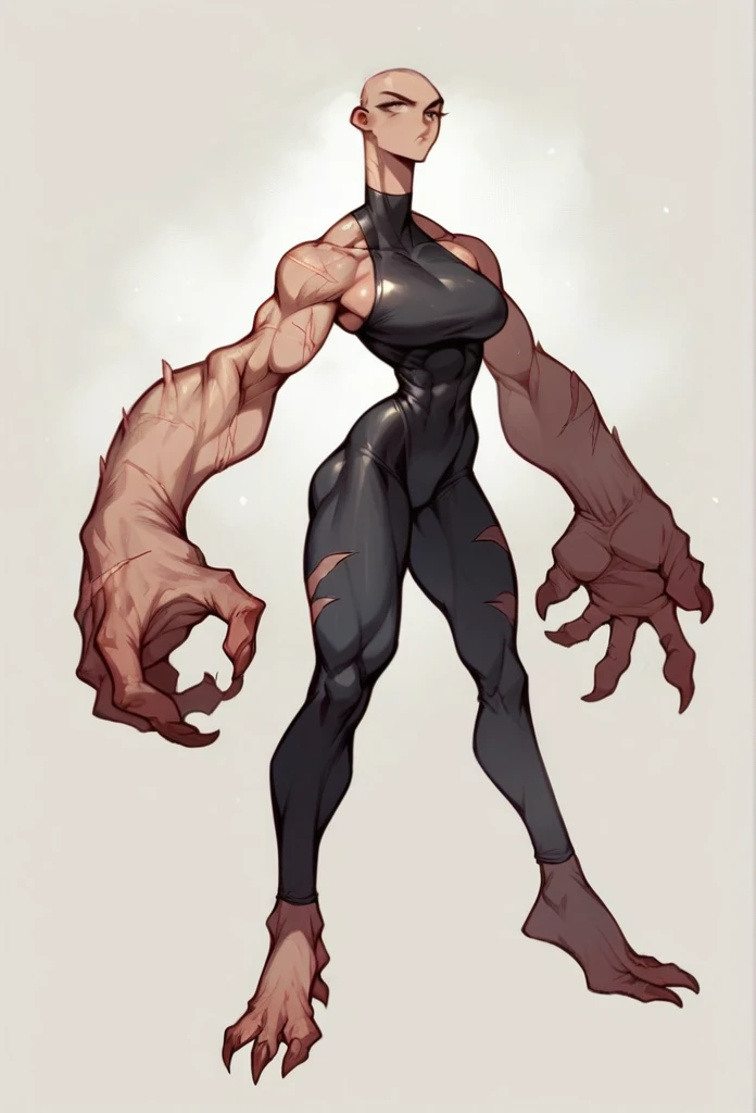 muscular girl, powerful forearms, powerful calves, broad back and thick powerful neck, bulging veins all over the body, tight leotard, leggings, monster girl, full length, powerful hands, scars on the body, narrow waist