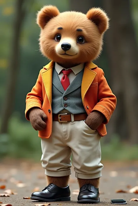 A very cute baby brown bear、Standing like a human, wearing casual yet sophisticated clothing。Own color jacket、Vest in your own color、White slacks、Has a stylish belt。Red tie、She looks very stylish in her black leather shoes.、On the right、I have a mobile pho...