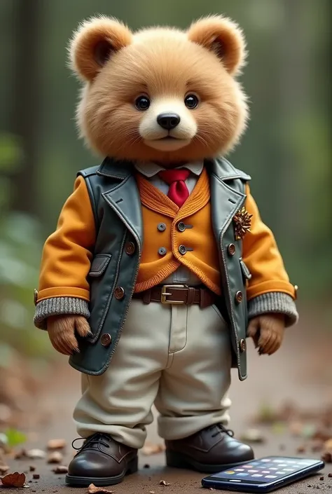 A very cute baby brown bear、Standing like a human, wearing casual yet sophisticated clothing。Own color jacket、Vest in your own color、White slacks、Has a stylish belt。Red tie、She looks very stylish in her black leather shoes.、On the right、I have a mobile pho...