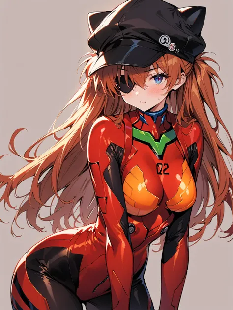 (masterpiece, Best Quality, detailed), One Girl, Simple Background、Cowboy Shot,
Soryu Asuka Langley, Red jacket, underwear bodysuit,Cat hat, Eye patch,  (tape)  