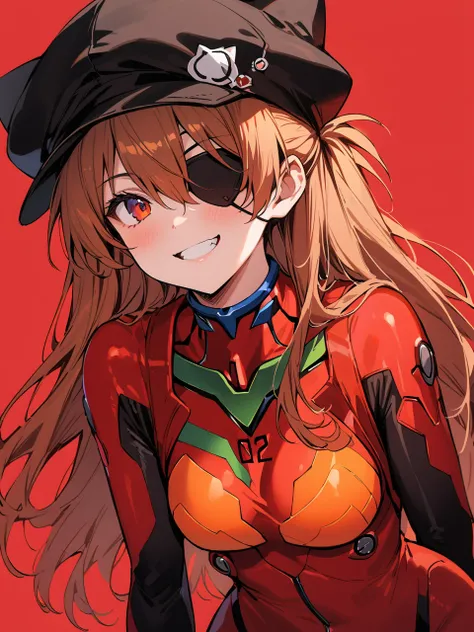 (masterpiece, Best Quality, detailed), One Girl, Simple Background、Cowboy Shot,
Soryu Asuka Langley, Red jacket, underwear bodysuit,Cat hat, Eye patch,  (tape)  smile