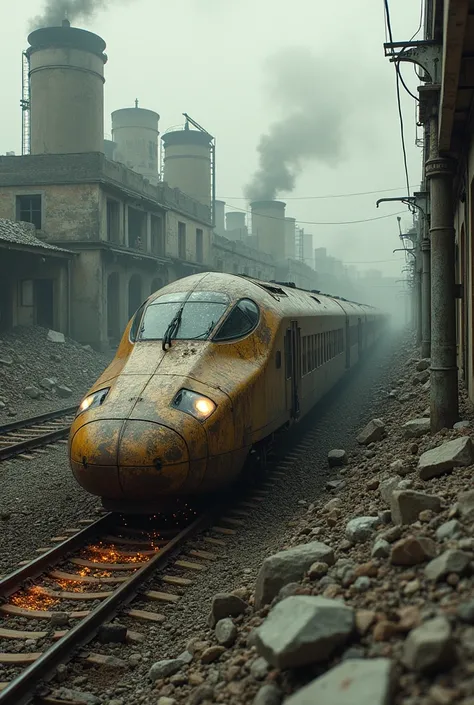 Diagonal photo of a dirty train, rusty bullet train in a post-apocalyptic city, There are many ruined buildings around and in the background., He is passing between destroyed houses and ruined buildings, , He is crossing between houses and metal buildings,...