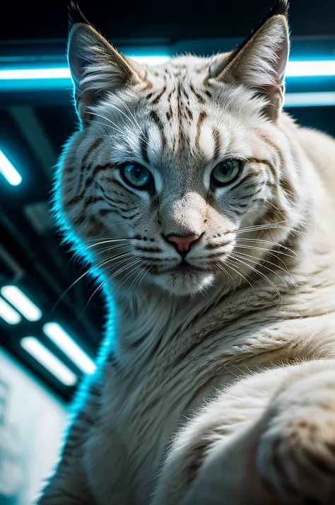 a close-up portrait of a big white cat, futuristic sci-fi environment, the lynx is eating a pizza and drinking coca-cola, cinematic composition, vibrant colors, hyper-detailed, photorealistic, 8k, masterpiece, detailed fur, intense eyes, sharp teeth, detai...