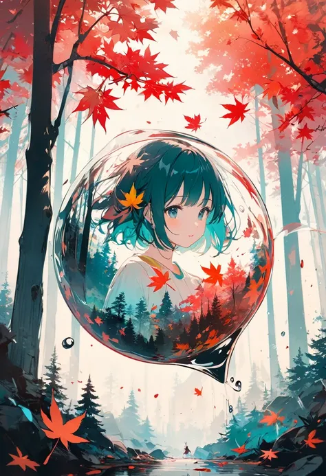 (masterpiece, best quality),(double exposure:1.2), woodblock print collage depicting,(cutie girl floating in a weightless forest,tween,deepforest),surrounded by maple symbols,splash color, collage art, contemporary art,