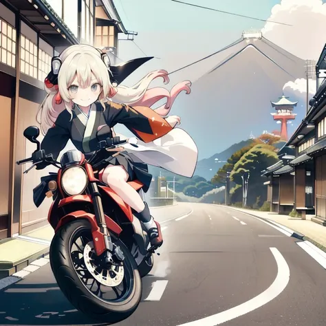 masterpiece,Best Quality,one, (((Kyoto Style))), girl,Chibi,motorcycle,Jumping, (frown:0.9),smile,speed,Motion Lines,helmet, mini skirt、A silly smile、The empty part is 30%To, on left