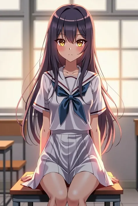 One girl, Long midnight purple hair, Golden light eyes, sit in classroom, White school modern uniform, anime