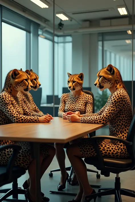 High resolution photos、Inside a modern office、Several women are having a conversation while drinking coffee、All Cheetah Heads、Human hair does not grow、The cheetah&#39;s head and human body are seamlessly connected、The whole body is lightly covered with leo...