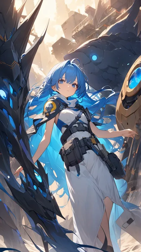 One Girl、Curious look、Long Blue Hair、Otherworldly explorer&#39;s outfit、Posing with a map、Happy eyes、Adventurous spirit BREAK In the bright sunlight、(Exciting Light):1.2quality、Vibrant colors、Unique atmosphere、Scenery from another dimension、Heartwarming Sp...