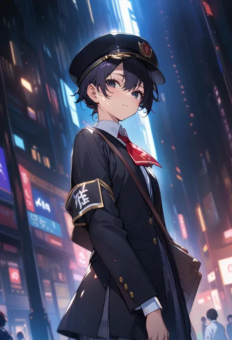 score_9, score_8_up, score_7_up, source_anime,masterpiece,best quality,hyper detailed,super fine illustration,very aesthetic, absurdres,4K,8k,rating_safety,dynamic angle,BREAK 1boy,17yo,(black eyes:1.3),black bob,BREAK black army cap,japan school uniform,b...