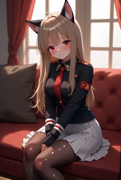 Anime style, shiny skin, full-body shot, sitting crossed legs pose, slim body, soviet style, woman, (black glittery pantyhose with gliterry diamonds, white pleated skirt, soviet uniform sweater),long hair, sopi, photon mapping, physically-based rendering, ...