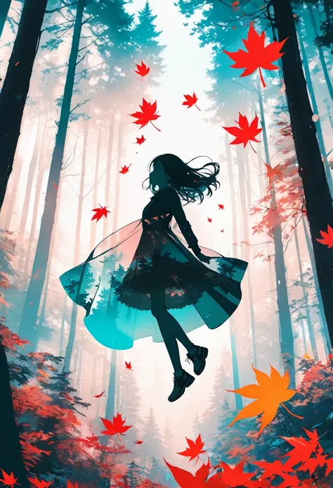 (masterpiece, best quality),(double exposure:1.2),(cutie girl floating in a weightless forest,tween,deepforest),surrounded by maple symbols,splash color, collage art, contemporary art,