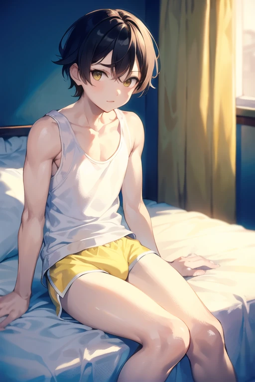 a boy wearing a white long tank top and yellow briefs, sitting on a bed, beautiful, cute+soft