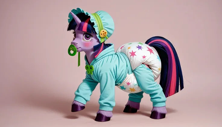 purple pony unicorn alone, purple hair all over the body, Twilight Sparkle, adult mare, dark blue mane with purple streak and pink streak, gathered in a green bonnet, dark blue with purple streak and pink streak tail, purple eyes, stands on four hooves, hi...