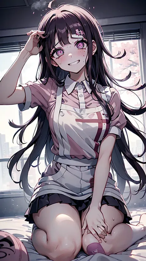 ((mikan tsumiki)),long hair,purple hair,(purple eyes:1.1),bangs, blunt bangs,patsun,((in danganronpa styles:1.4)), shy break (ap...