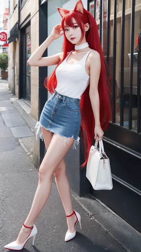 One girl, solo, Red Hair、Extremely long hair、Super long high ponytail、Cat ears、(White ribbed tank top)、(Blue denim tight skirt)、Red stiletto pumps、front、whole body、