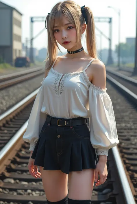 1 girl, alone, gal, full body, hand in own hair,(long twin tails),hair ribbon,blonde,brown eyes、jiraikei　make、white blouse with lace,buckle suspension short skirt, zip side combat boots, black tie_ribbon,Red eyeshadow、 masterpiece, best quality, shape, sup...