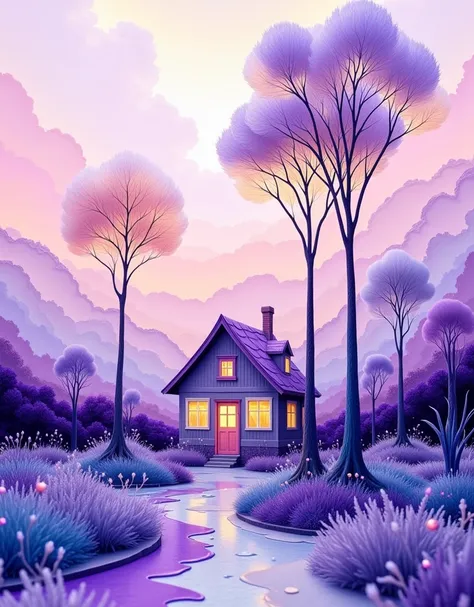 Resin style，Resin material，Resin Art，一幅异想天开的抽象Resin Art，Depicts a small house next to a tree，used、A palette of purple and lilac shades。This artwork is done in watercolor or alcohol ink technique，Smooth lines and splashes of color merge together，Create drea...