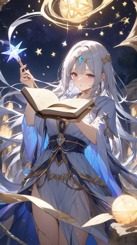 One Girl、Mysterious look、Long silver hair、Ancient Wizard Robe、Magic wand in hand、Graceful pose BREAK Under the stars、(Fantastic Light):1.4、Mysterious colors、Magical Energy、Calm Space BREAK Ancient Ruins、Floating Star々、Magical Book、Mystical Creatures、Quiet ...