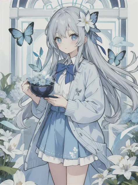 Gray hair、Very long hair, light blue left eye、Grey right eye Flower-shaped pupil Loose-fitting blouse Light blue cardigan Light blue skirt Grey ribbon on collar Young girl Cute Quiet Light blue flower field Light blue butterfly Soft light Top quality