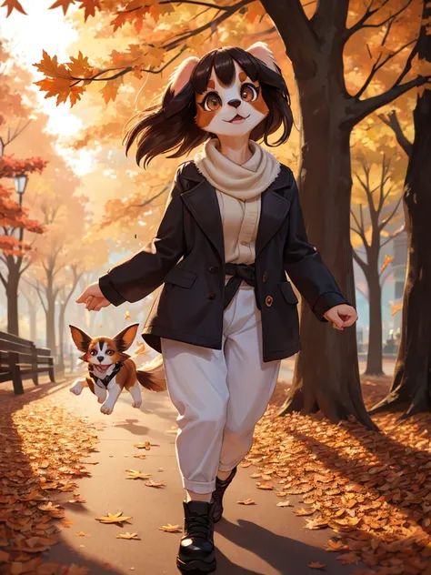 A female Papillon dog , walking in an autumn park covered with fallen leaves , Play! Play!
, ( soft focus , Shallow focus , soft light) , Mature , Euphoria , glossy lips , moist eyes , coquettish , bold action , flasher , Insane , fabulous , sensational , ...