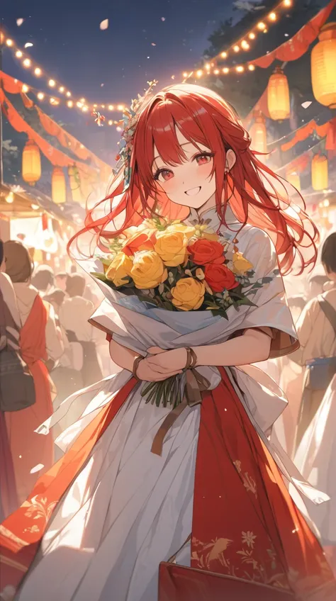 One Girl、A graceful smile、Long Red Hair、Ancient festival costumes、A bouquet in hand、Happy Eyes BREAK in the festival、(Gorgeous light):1.3、Colorful hues、Fun atmosphere、Historic Celebration、Heartwarming space BREAK in the middle of the square、Colorful decora...