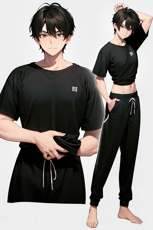 He is a BOY and has short dark hair. An annoyed blue look with a smile. athletic figure. Wears a long black t-shirt with loose jogging pants. He looks very mature in the face