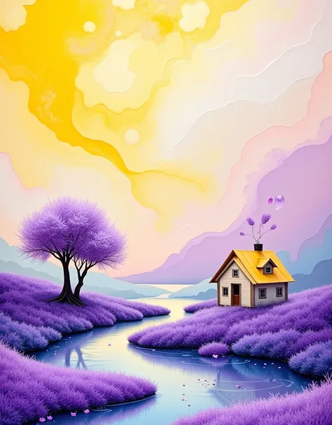 Resin Style, Resin Material, Resin Art, A whimsical abstract resin art depicting a small house next to a tree, using a color palette of yellow, purple and lilac tones. Using watercolor or alcohol ink techniques, this artwork combines smooth lines and splas...