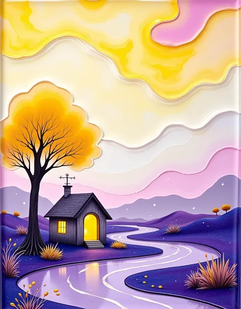 Resin Style, Resin Material, Resin Art, A whimsical abstract resin art depicting a small house next to a tree, using a color palette of yellow, purple and lilac tones. Using watercolor or alcohol ink techniques, this artwork combines smooth lines and splas...