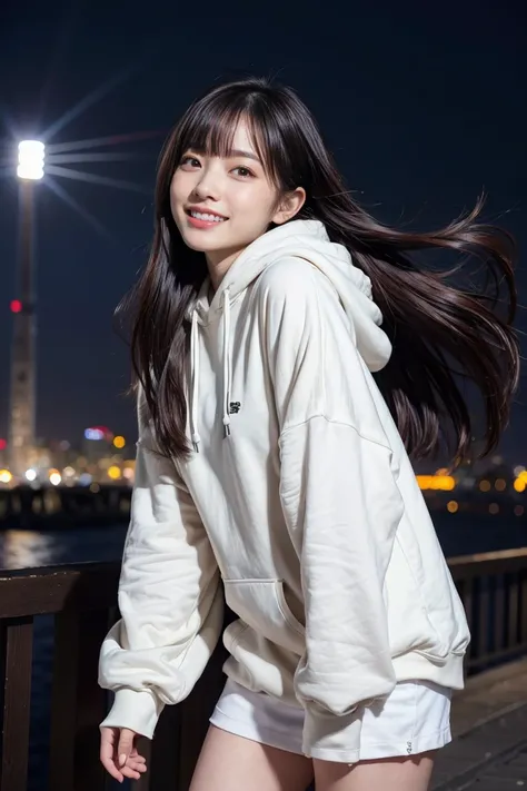 ((from below)), extremely detailed face, (grin), (solo), young woman, (beautiful black straight long hair), 20yo, delicate eyes, shiny lips, ((standing position)), looking at viewer, (huge breasts), full body, BREAK (overly long sleeves, oversized_hoodie),...