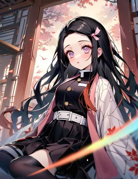 1girl, Alone, Nezuko Kamado, Kimetsu no yaiba, human, demon slayer uniform, blue haori, black stockings, связанна розовой тканью, сексуальная поза, висит в воздухе