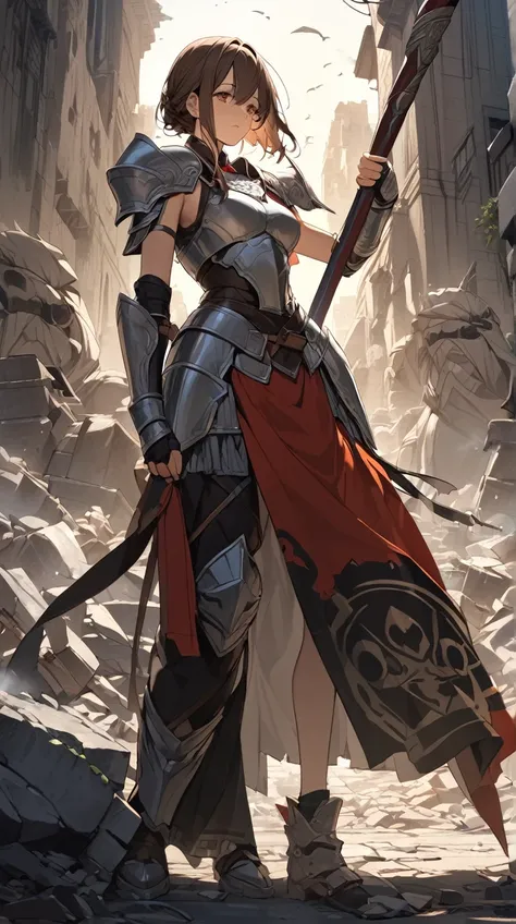 One Girl、Brave look、Short brown hair、Warrior Armor、Poses with ancient weapons、Strong Will BREAK in the Battlefield、(Powerful lighting):1.4、Dark shades、A tense atmosphere、Historical significance、Strong Shadow BREAK Ancient Ruins、Crumbling City Walls、Prepari...