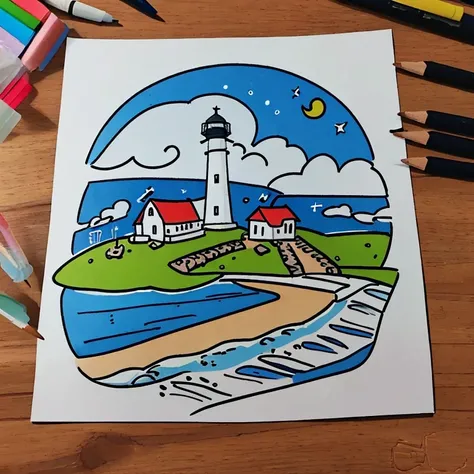 a lighthouse on the beach,1girl,child-like drawing style,simple linework,colorful,whimsical,vibrant colors,soft lighting,dreamy atmosphere,cute,playful,innocent,positive mood,(Stick Figure, Simple doodle, Poor drawing skills, Crayon Drawing, Fairy tale sty...